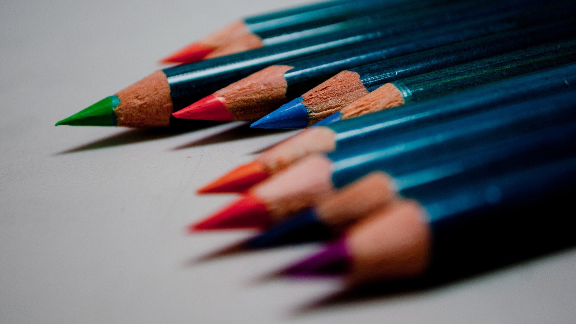 pencils, Blue, Colorful, Sharp, Depth of field, Shadow, Gray background, Closeup Wallpaper