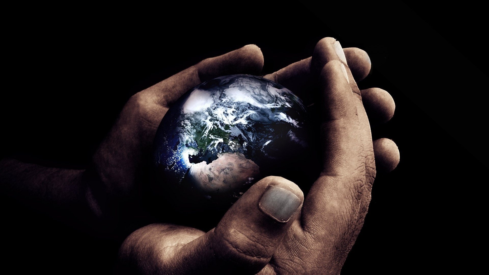 black background, Hand, Earth, Fingers, Miniatures, Photo manipulation Wallpaper
