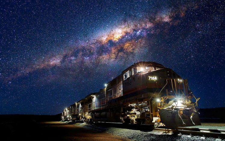 Milky Way, Stars, Train, Night, Diesel locomotives HD Wallpaper Desktop Background