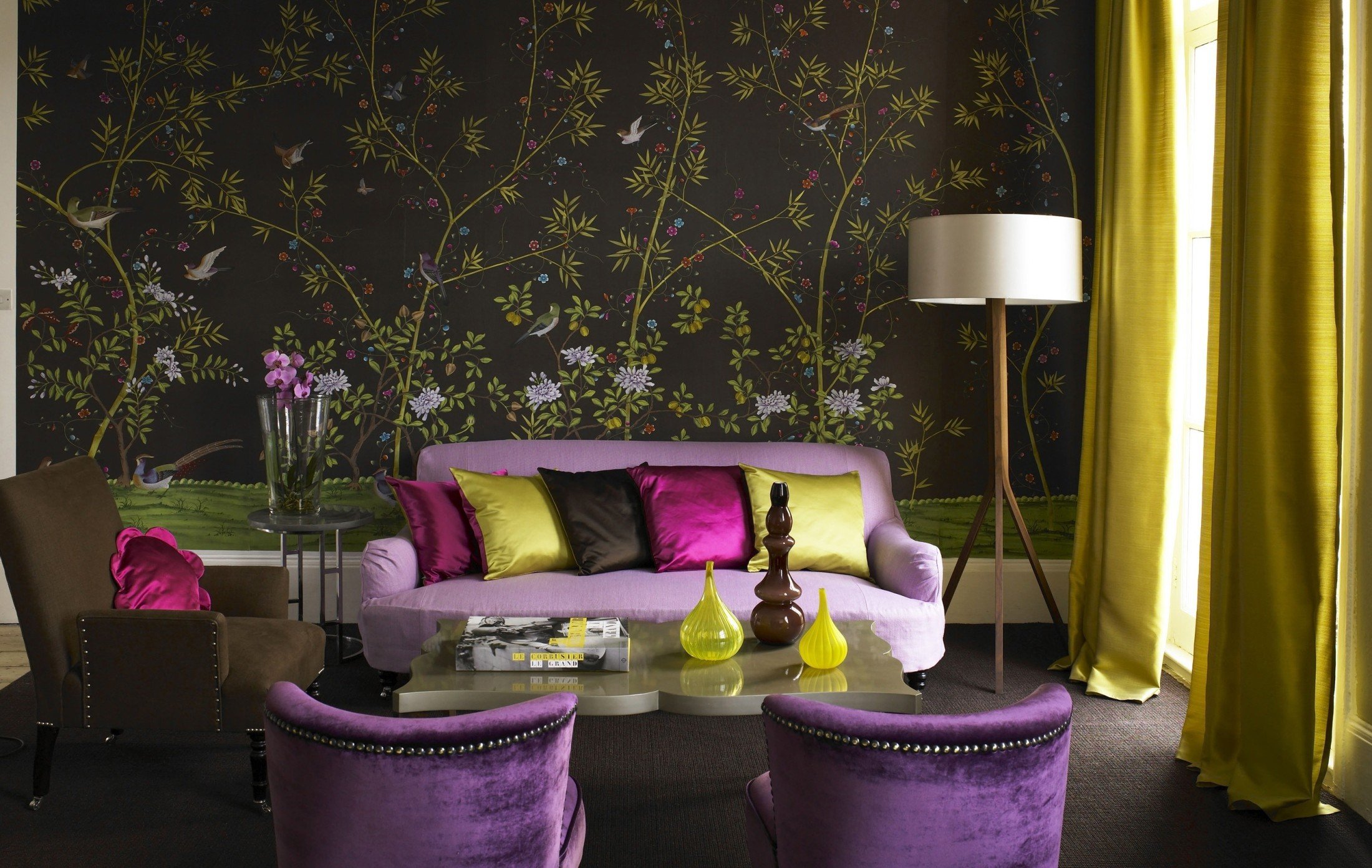 room, Interior design, Couch, Floral, Vases, Curtains Wallpaper