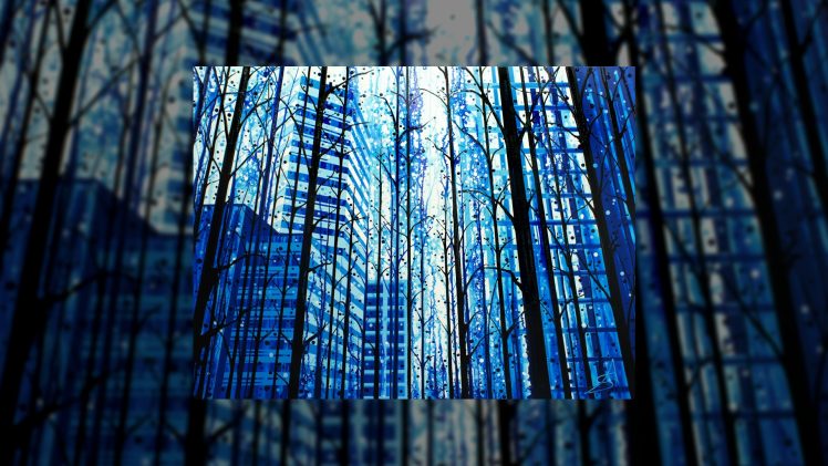 Amy Shackleton, Gravity paintings, Blue, Cityscape, Trees HD Wallpaper Desktop Background