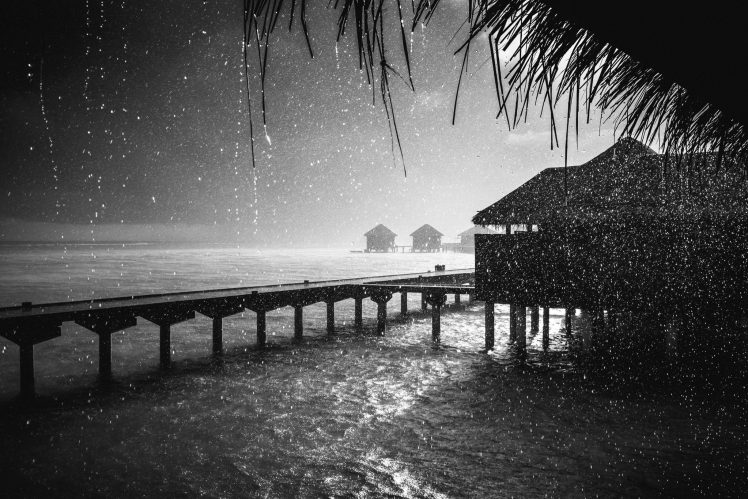 rain, Maldives, Monochrome HD Wallpaper Desktop Background