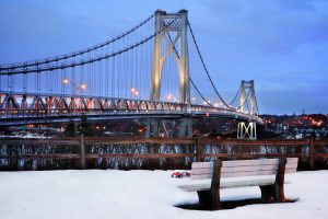 bridge, Bench, New York City, City, Snow