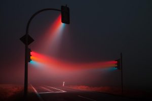 night, Traffic lights, Mist