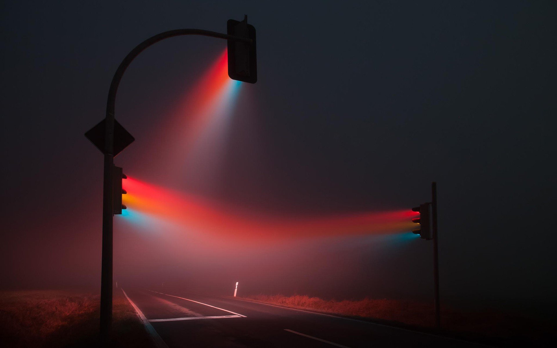 night, Traffic lights, Mist Wallpaper