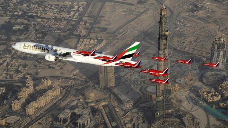 aircraft, Cityscape, Boeing, Dubai, Burj Khalifa, Jet fighter, Passenger aircraft HD Wallpaper Desktop Background