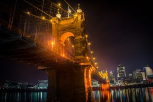 bridge, Night, Roebling Bridge, Reflection, Lights, Building, Cityscape, Kentucky, USA