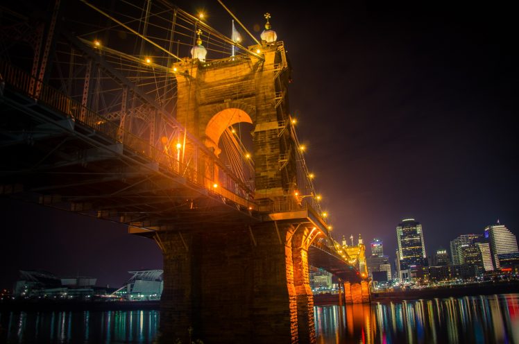 bridge, Night, Roebling Bridge, Reflection, Lights, Building, Cityscape, Kentucky, USA HD Wallpaper Desktop Background