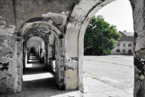 architecture, Old building, Ruin, Abandoned, Slovakia, History, Arch, Trees, Sunlight, Shadow, Monastery, Town square, Selective coloring