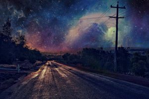 stars, Road, Night, Utility pole