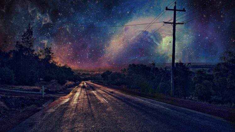 stars, Road, Night, Utility pole HD Wallpaper Desktop Background