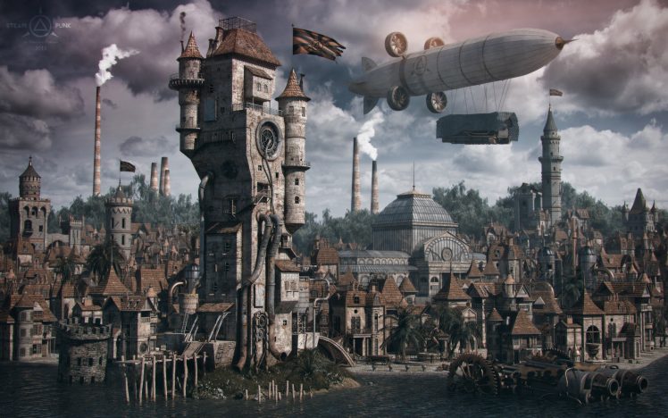 steampunk, Town, Zeppelin HD Wallpaper Desktop Background