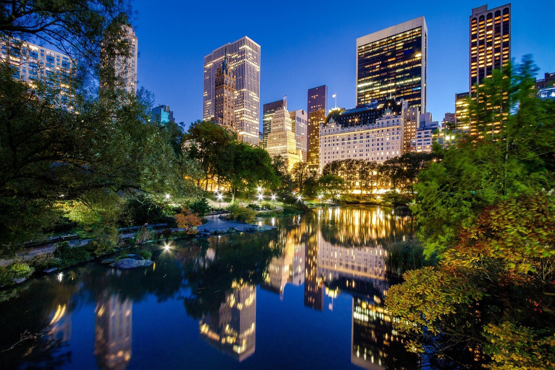Central Park, New York City, Skyscraper, Pond, Lights, City, Reflection Wallpaper