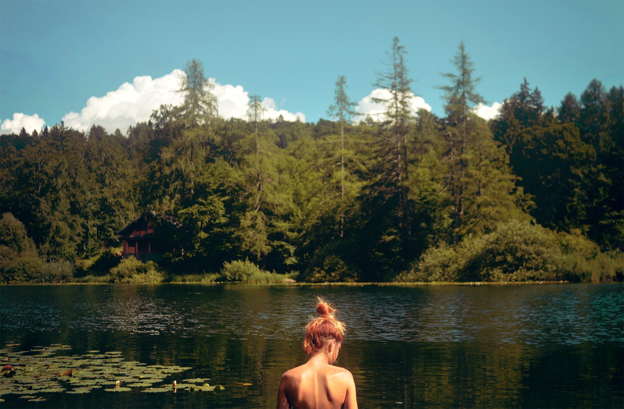 women, Back, Cannon, River, Trees, Lily pads Wallpaper