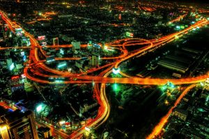 highway, Cityscape, Night, Aerial view, Interchange