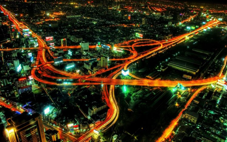 highway, Cityscape, Night, Aerial view, Interchange HD Wallpaper Desktop Background