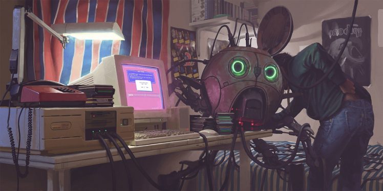 drawing, Simon Stålenhag, Robot, Cyberpunk, The Prodigy HD Wallpaper Desktop Background