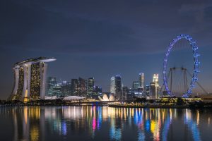 Marina Bay, Skyline, Ferris wheel, Singapore, Reflection