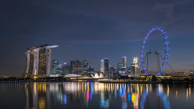 Marina Bay, Skyline, Ferris wheel, Singapore, Reflection HD Wallpaper Desktop Background