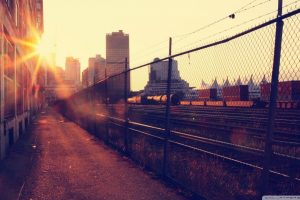 city, Rail yard, Sun rays, Railway