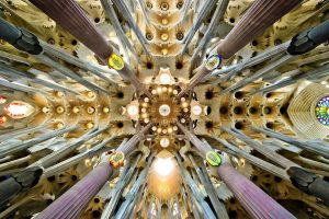 architecture, Cathedral, Sagrada Familia, Barcelona, Spain, Arch, Rooftops, Worms eye view, Pillar, Mosaic, Window, Interiors, Symmetry