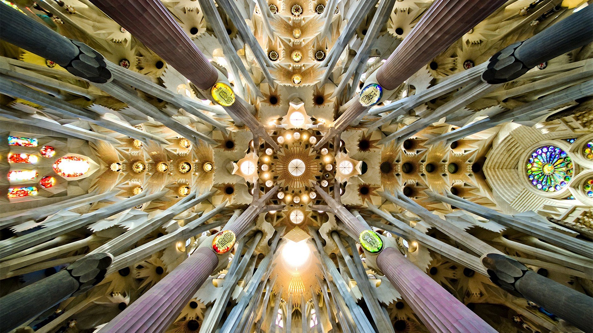 architecture, Cathedral, Sagrada Familia, Barcelona, Spain, Arch, Rooftops, Worms eye view, Pillar, Mosaic, Window, Interiors, Symmetry Wallpaper