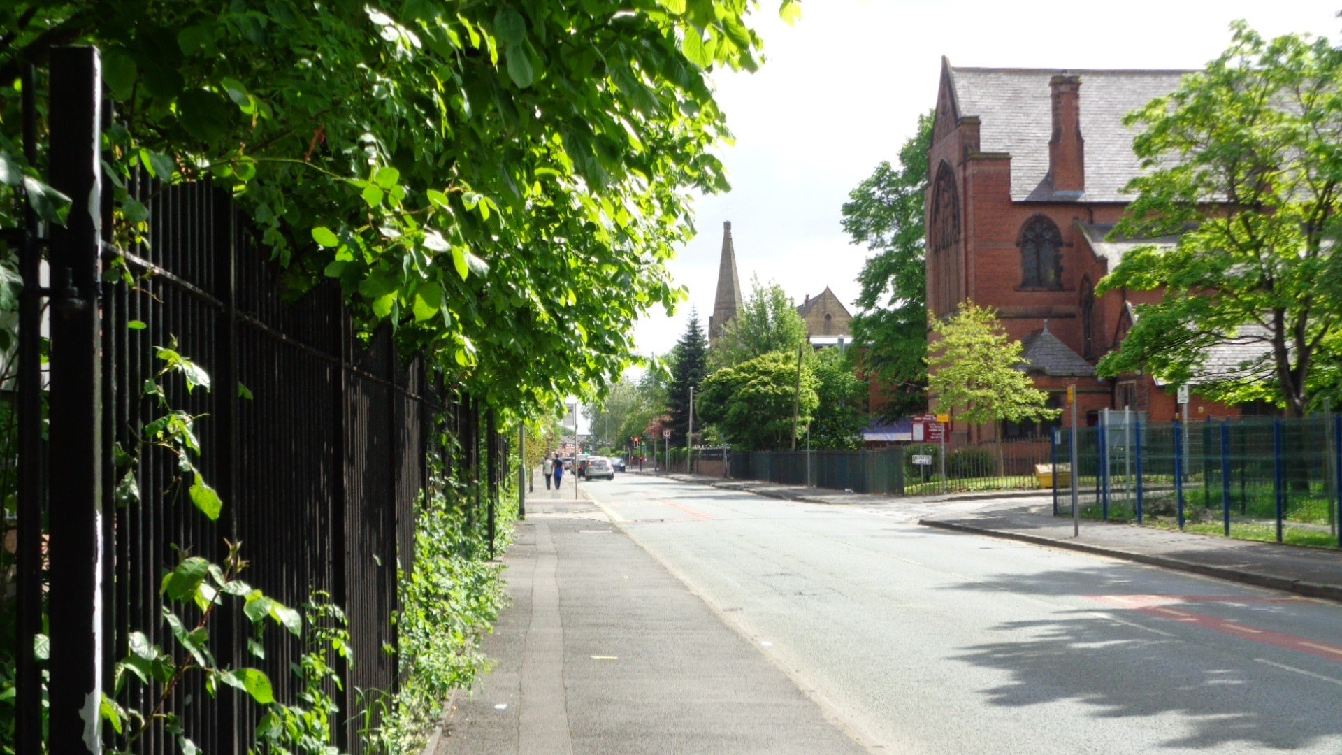 green, Trees, Church, Road Wallpaper