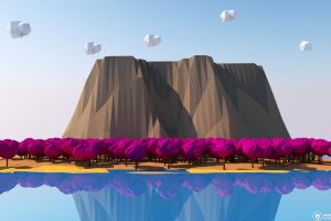 low poly, Trees, Mountain, Reflection