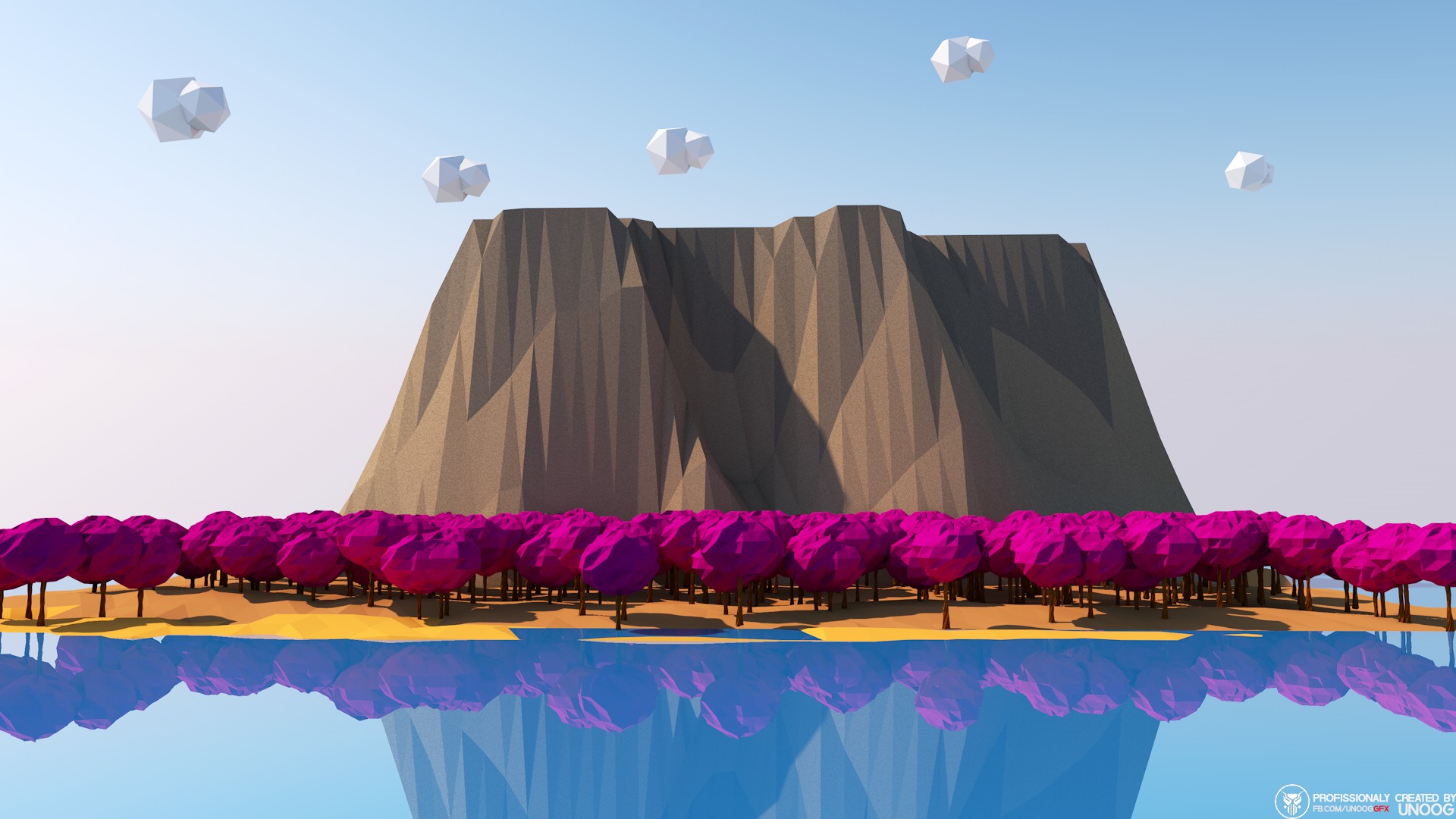 low poly, Trees, Mountain, Reflection Wallpaper
