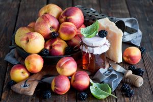 food, Peaches, Blackberries, Honey, Wooden surface