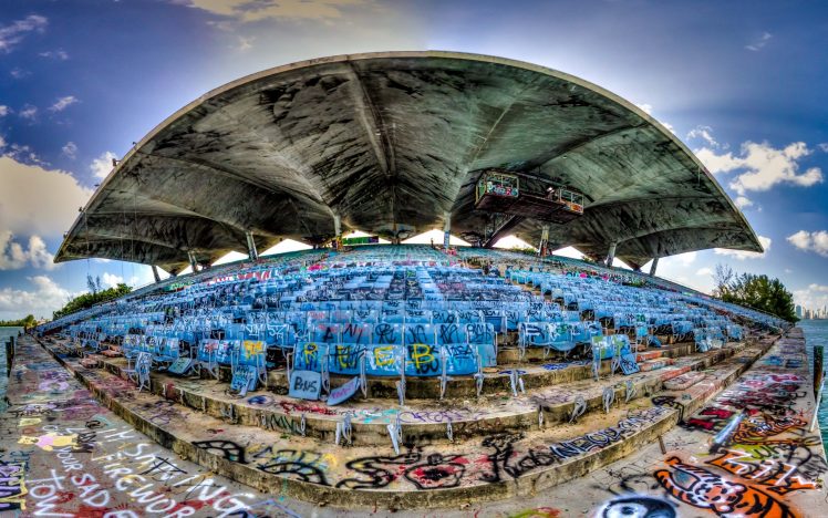 stadium, Abandoned, Building, Graffiti, Miami, USA, Fisheye lens, HDR HD Wallpaper Desktop Background