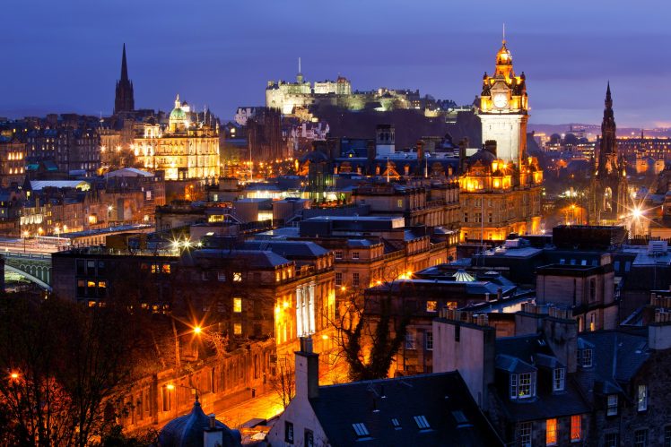 Edinburgh, Scotland, UK, Cityscape, Night, Lights, Old building, Rooftops, Tower, City, Castle, Clocktowers HD Wallpaper Desktop Background