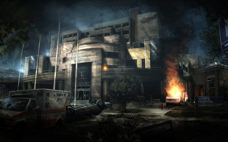 fire, Hospital, Ambulances, Concept art, Apocalyptic, Abandoned, Abandoned city HD Wallpaper Desktop Background