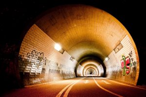 street, Tunnel, Graffiti, Lights, Bricks, Arrows, Urban, Road