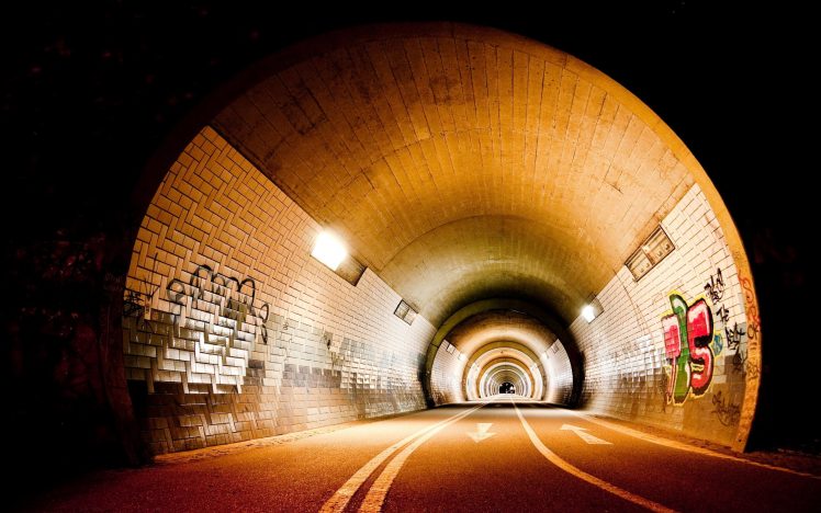 street, Tunnel, Graffiti, Lights, Bricks, Arrows, Urban, Road HD Wallpaper Desktop Background