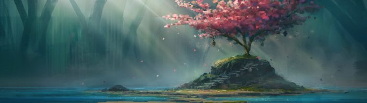 cherry blossom, Water, Stairs HD Wallpaper Desktop Background