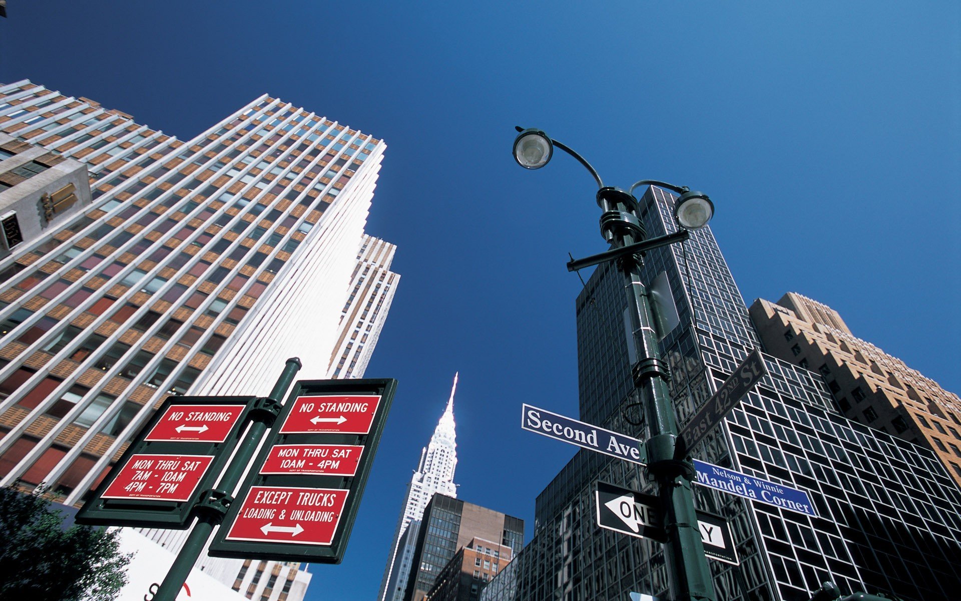 cityscape, New York City, Manhattan, Signs, Worms eye view Wallpaper