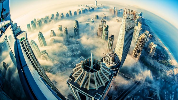 Dubai, Aerial view, Mist, Skyscraper, Cityscape, Fisheye lens HD Wallpaper Desktop Background