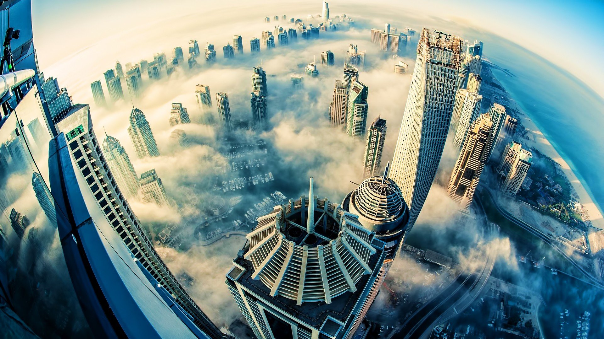 Dubai, Aerial view, Mist, Skyscraper, Cityscape, Fisheye lens Wallpaper