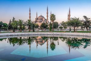 architecture, Cityscape, Istanbul, Turkey, Sultan Ahmed Mosque, Palm trees, Water, Tiles, Reflection, Park