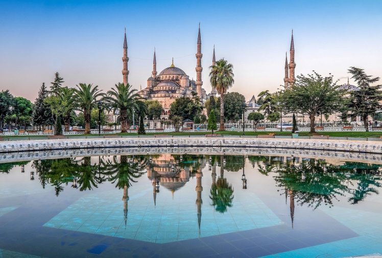 architecture, Cityscape, Istanbul, Turkey, Sultan Ahmed Mosque, Palm trees, Water, Tiles, Reflection, Park HD Wallpaper Desktop Background