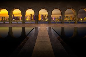 Qatar, Cityscape, Arch, Skyscraper, Pillar, Reflection, Museum, Skyline, Walkway, Doha