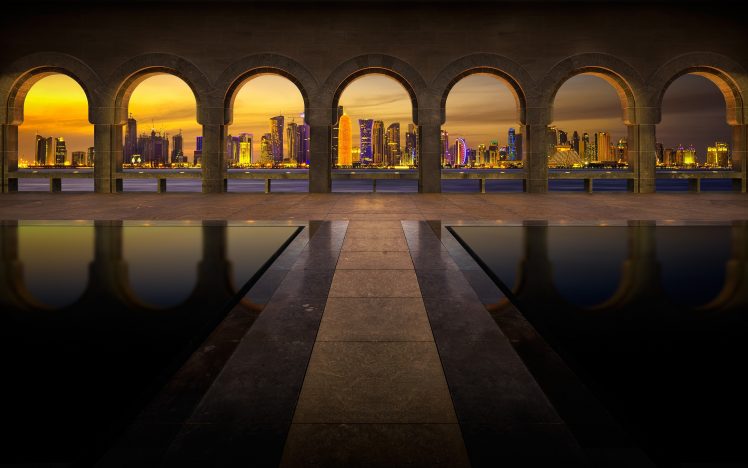 Qatar, Cityscape, Arch, Skyscraper, Pillar, Reflection, Museum, Skyline, Walkway, Doha HD Wallpaper Desktop Background