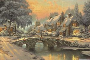painting, Cottage, Bridge, Chimneys, Snow, Thomas Kinkade, Stream