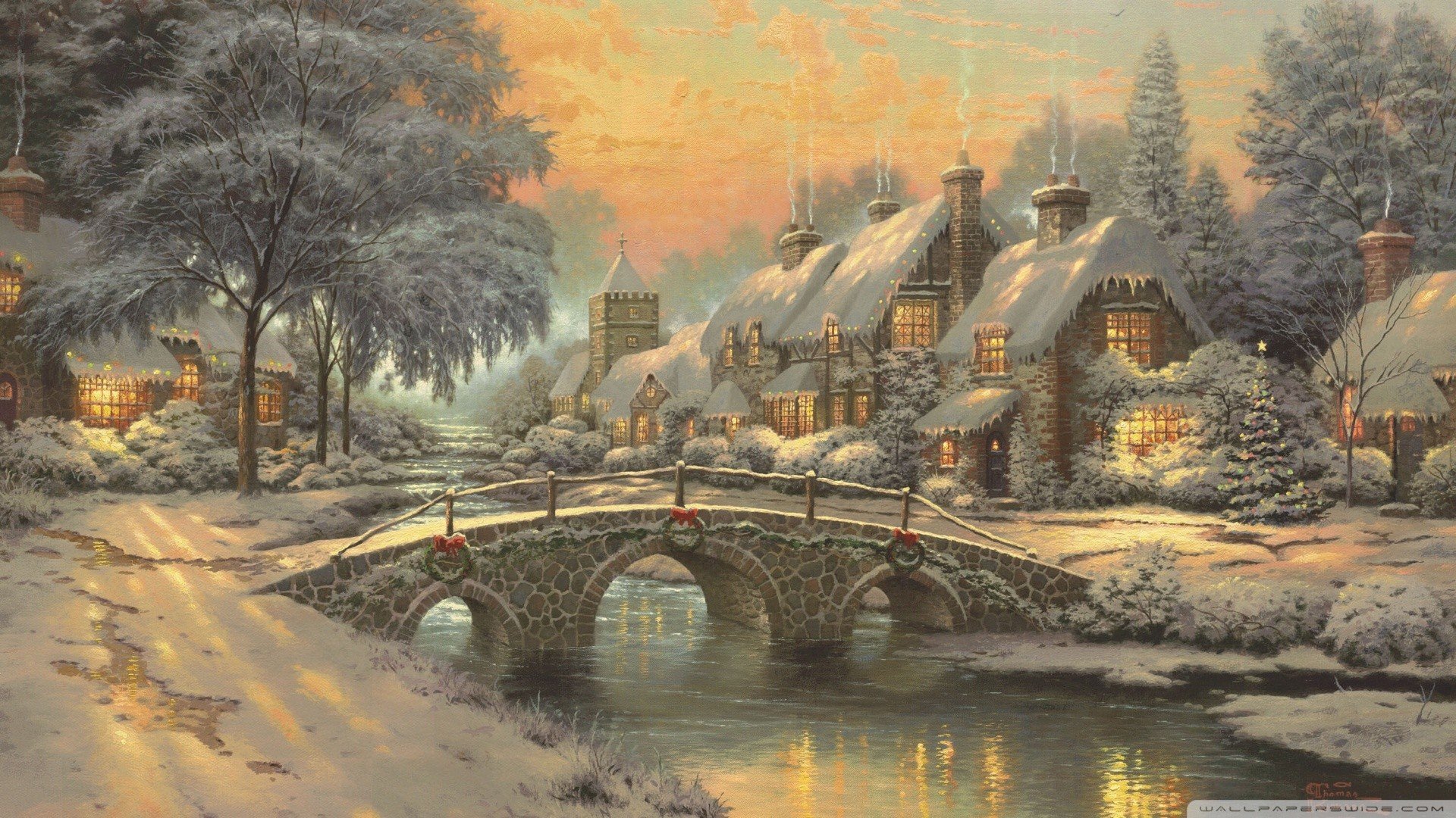 painting, Cottage, Bridge, Chimneys, Snow, Thomas Kinkade, Stream