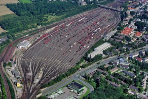 train, Rail yard, City, Aerial view