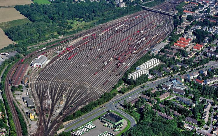 train, Rail yard, City, Aerial view HD Wallpaper Desktop Background