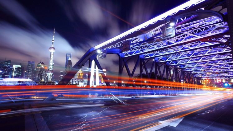 city, Urban, Long exposure, Light trails, Bridge, Shanghai HD Wallpaper Desktop Background