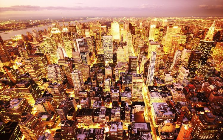 city, Urban, New York City, Manhattan, Cityscape, Lights, Aerial view HD Wallpaper Desktop Background