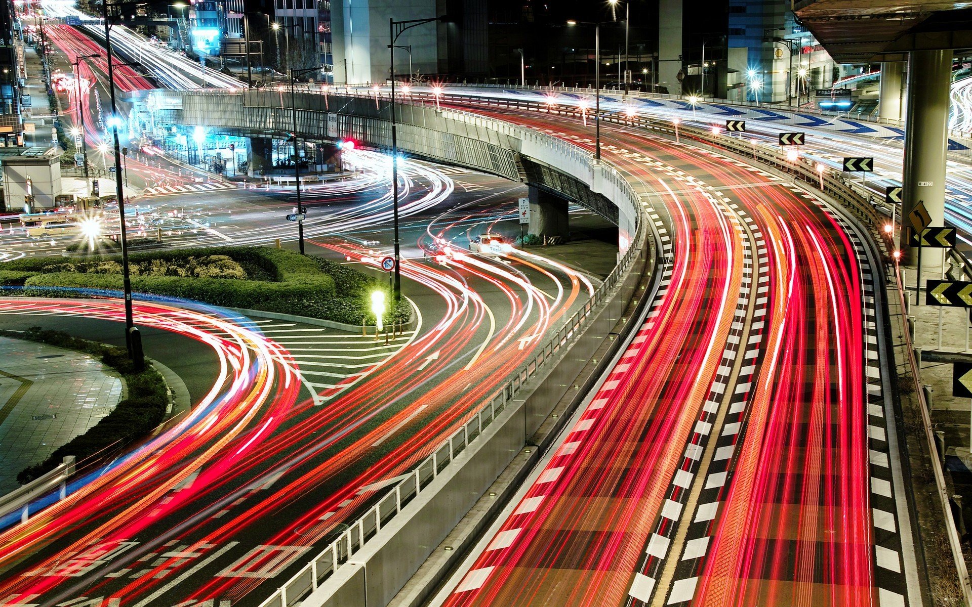 city, Urban, Long exposure, Light trails, Road, Street light, Tokyo, Japan, Night, Overpass, Red Wallpaper